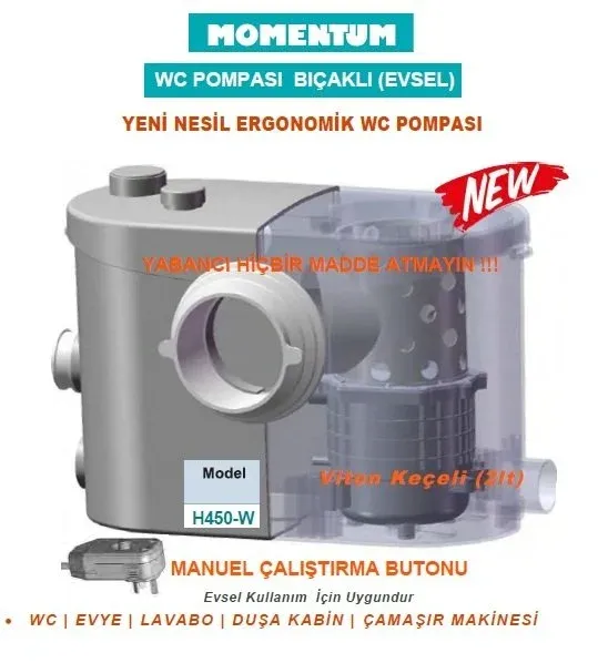 MOMENTUM H450-W 450W-220V BIÇAKLI WC VE ATIK SU POMPASI (WC-EVYE-LAVABO-DUŞA KABİN-ÇAMAŞIR MAKİNESİ) (EVSEL)