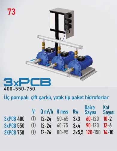 Star Pompa 3*PCB 400 T 3 KW 380 V Üç Pompalı Çift Çarklı Yatık Tip Paket Hidrofor (10kat-90daire)